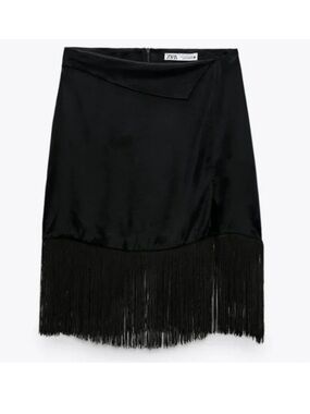 Zara Black Satin Fringe Mini-Midi Skirt